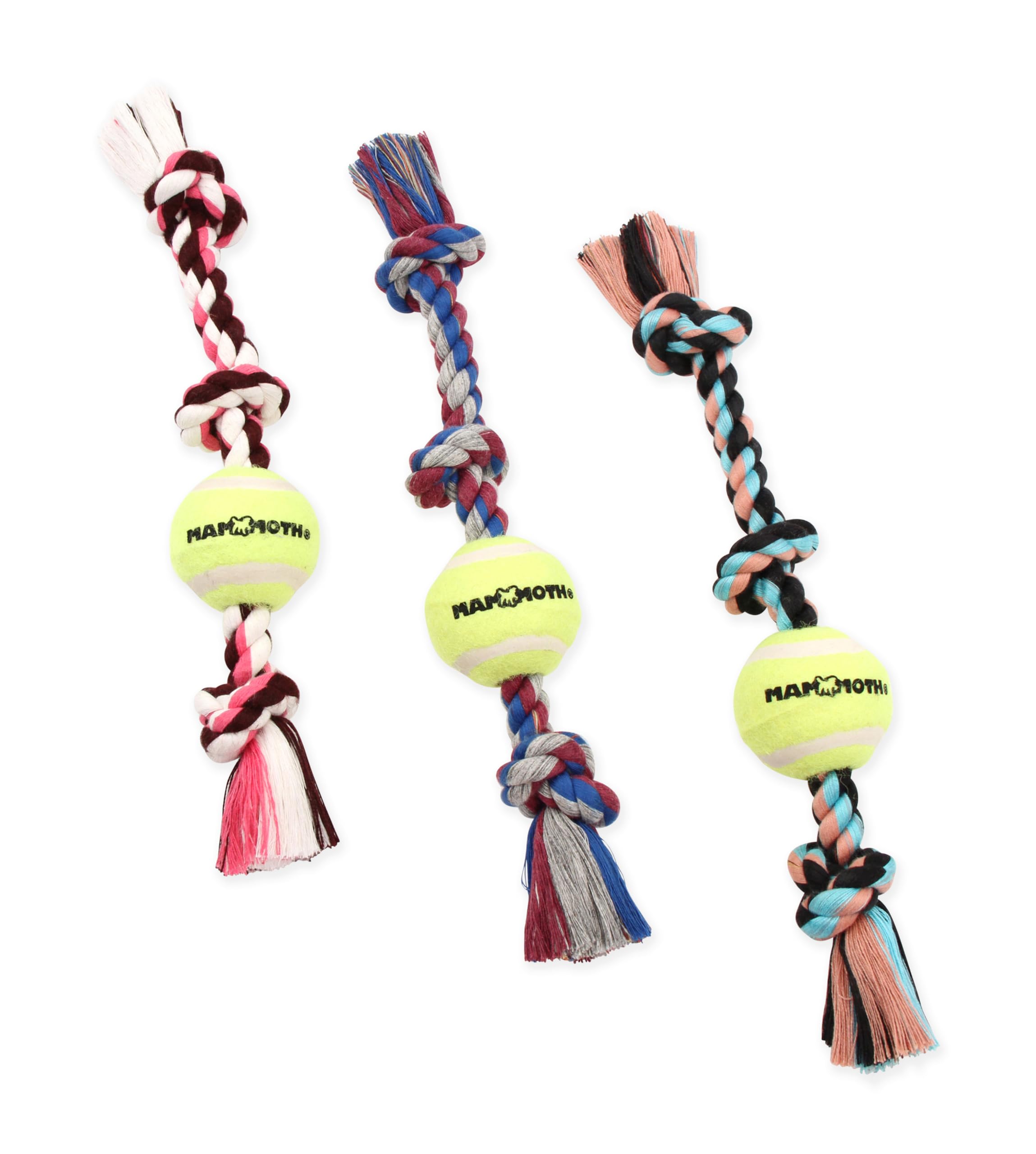 Mammoth Flossy Chews Color 3 Knot Tug W/Mini Tennis Ball - Premium Cotton-Poly Tug Toy For Dogs - Interactive - Rope Dog Toy For