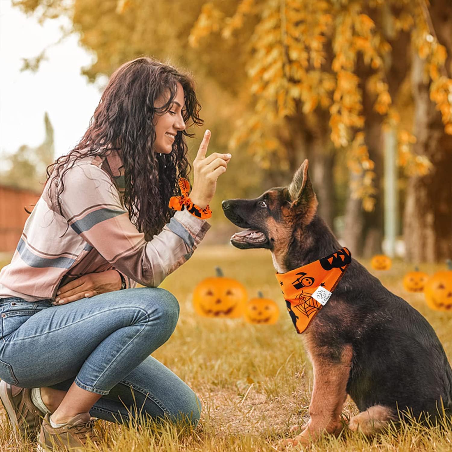 E-Clover Thanksgiving Dog Bandanas & Matching Scrunchie Set Pumpkin Dog Bandana Triangle Pet Bibs Scarf Outfit For Small Medium