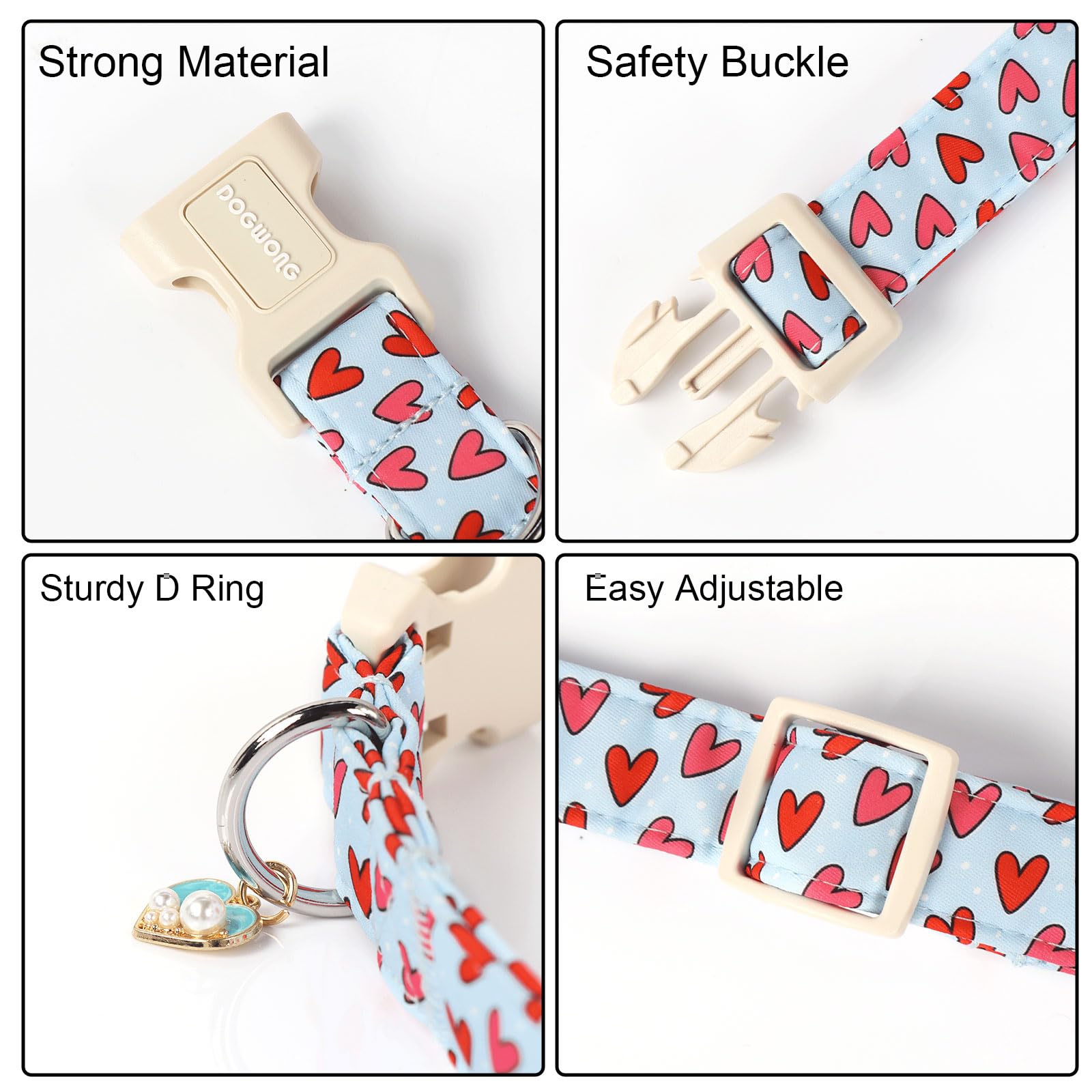 Dogwong Valentine Dog Collar- Cute Blue Heart Dog Collars Adjustable Designer Valentines Day Puppy Heart Dog Collar For Small Me
