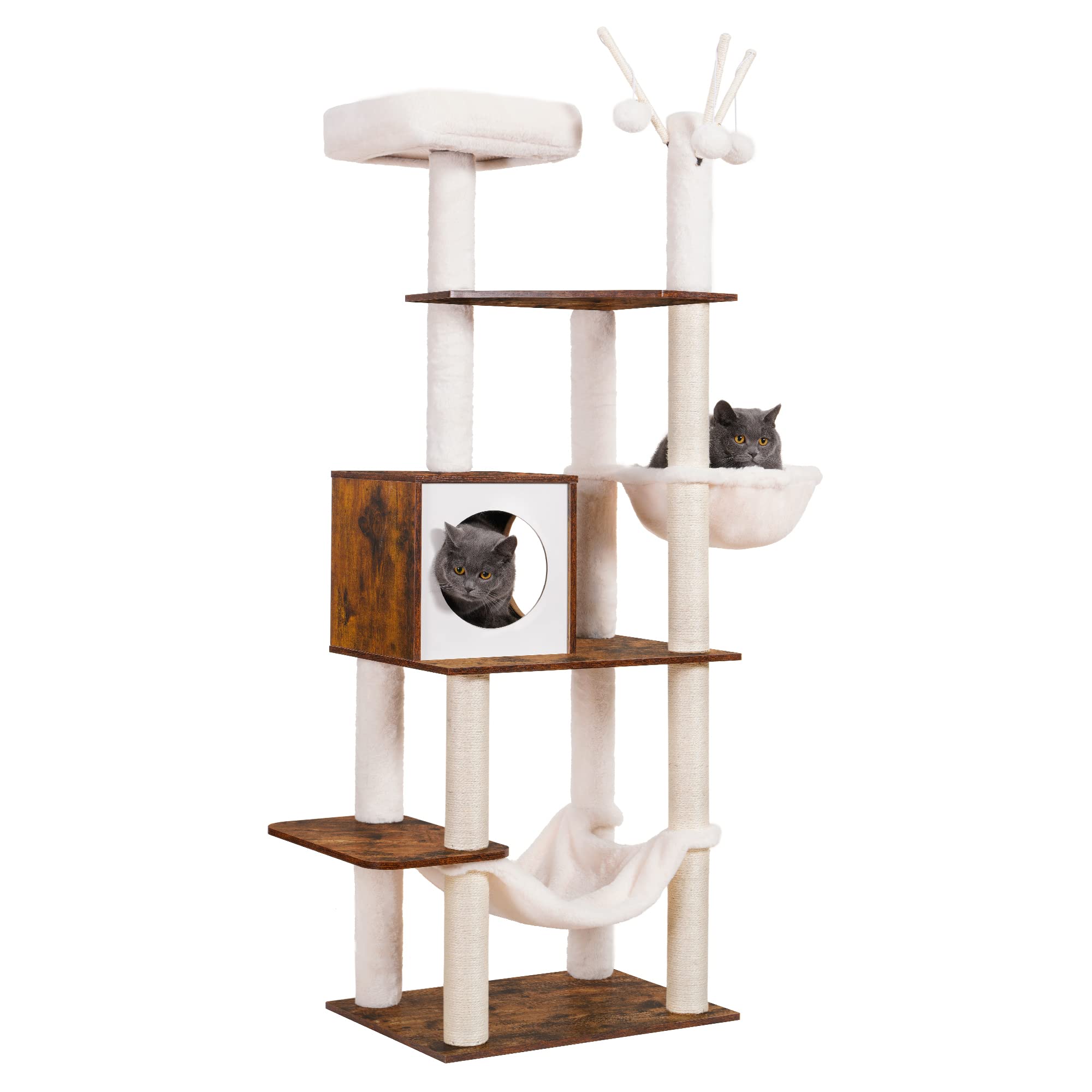 Hey-Brother Wooden Cat Tree, 66.1 Cat Furniture With Scratching Posts, Modern Cat Tower With Hammocks, Toys, Cat Condo, Rustic B