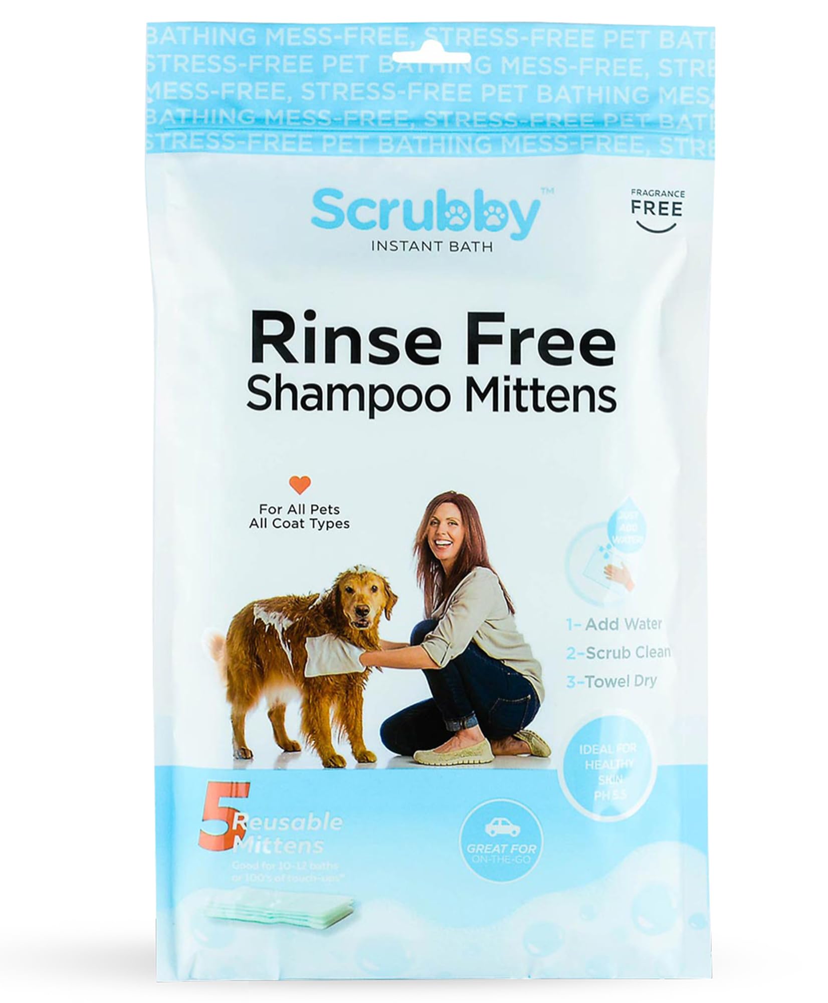 Scrubby Pet Pet Wipes, Rinse Free Shampoo Mittens For Dogs And Cats, Bath Wipes For Bathing And Washing Pets, Hypoallergenic No Rinse Wash Mitt For Grooming, Lather Wipe Dry