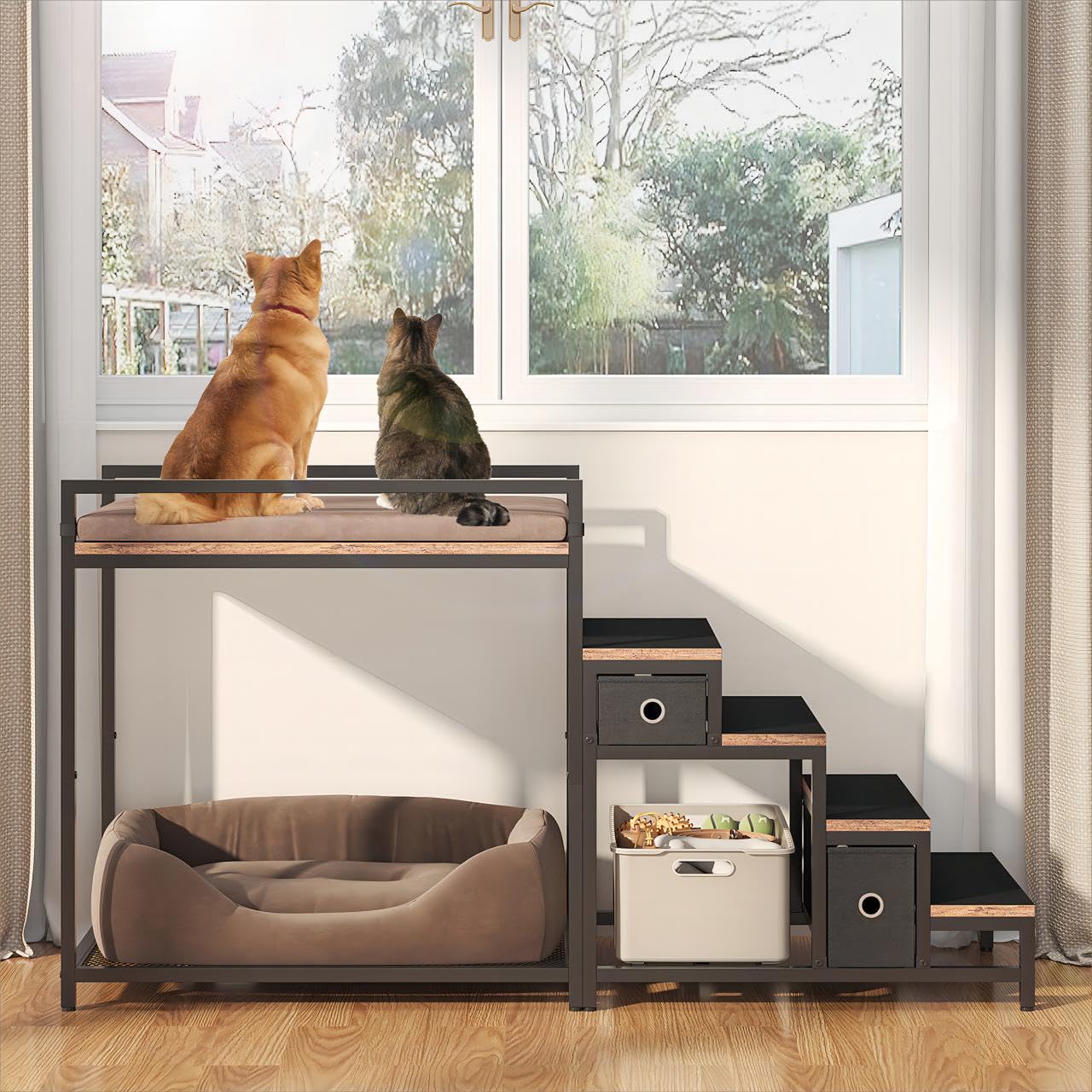 Saudism Pet Bunk Bed With Stairs And Storage, Dogs/Cats Window Perch, Bedside Lounge Elevated Dog Bed Multi-Level Platform With 
