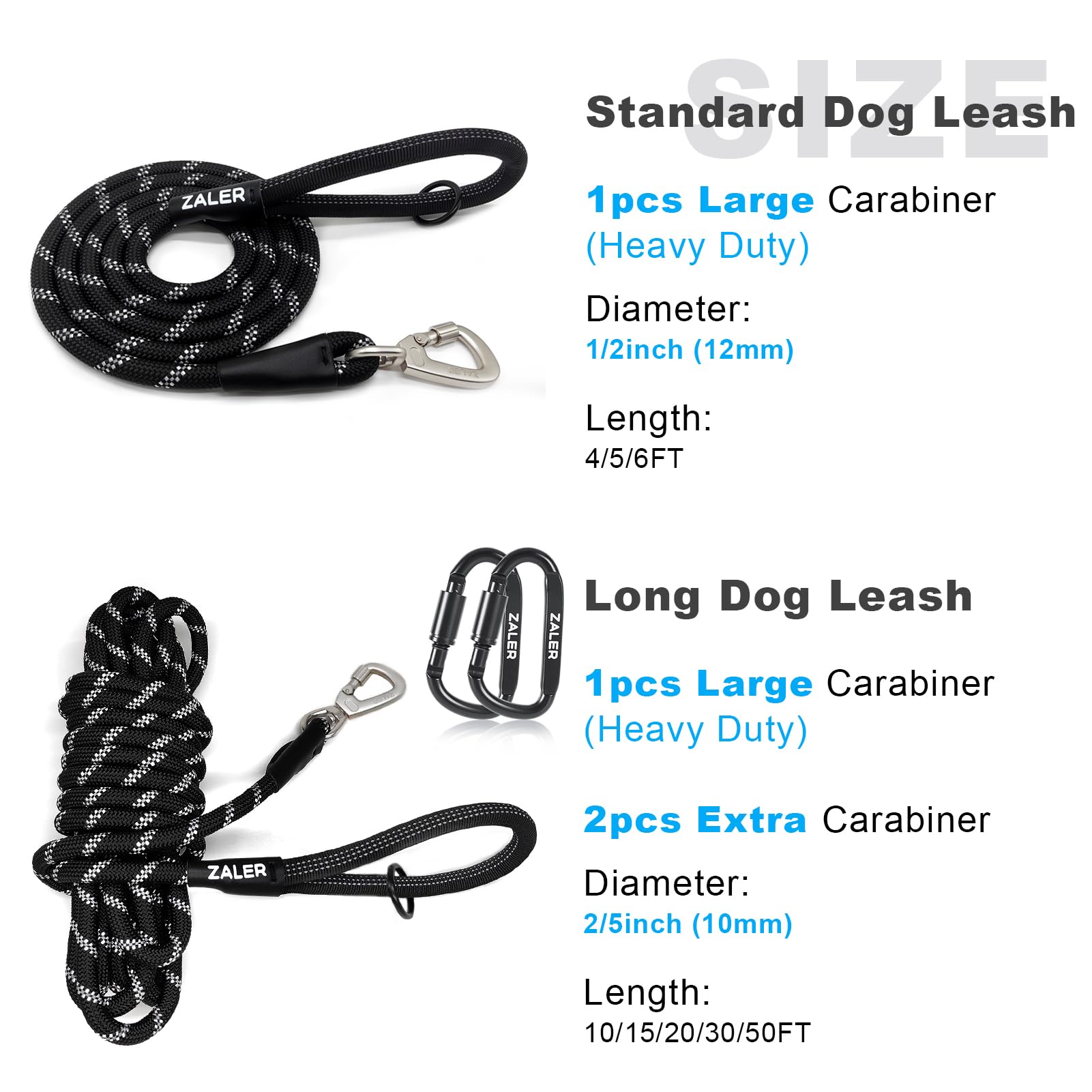 ZALER Long Dog Leash, Heavy Duty Reflective Nylon Check Cord, 10FT, Blue