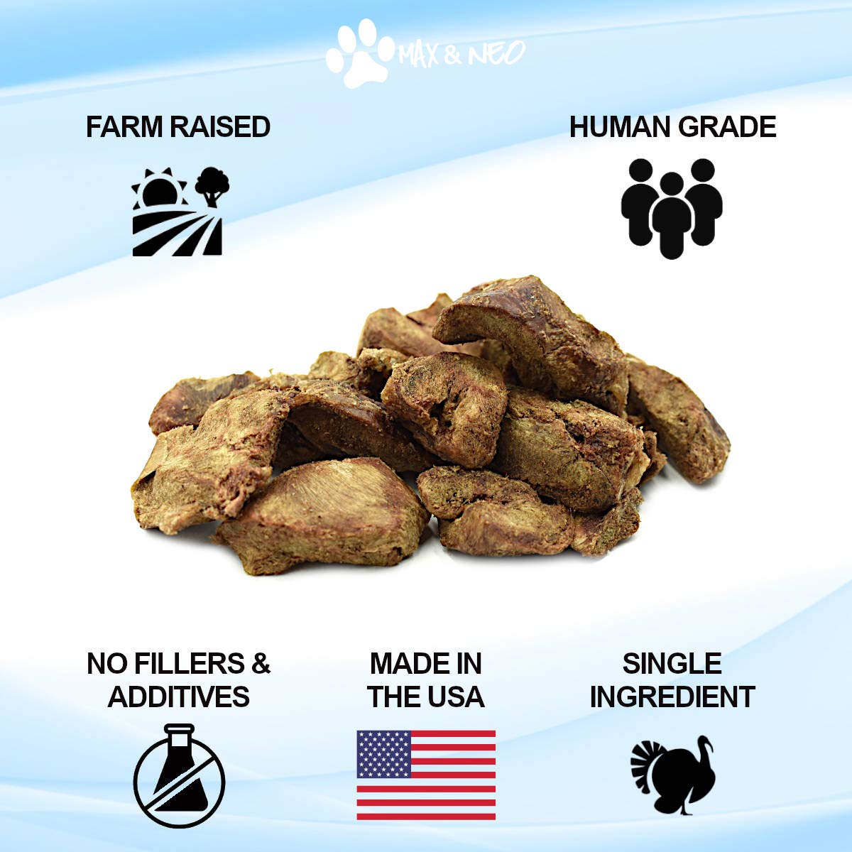 Max and Neo Freeze Dried Turkey Heart Dog Treats - Single Ingredient, Small Farm, Antibiotic Free, Human Grade Turkey Grown in T