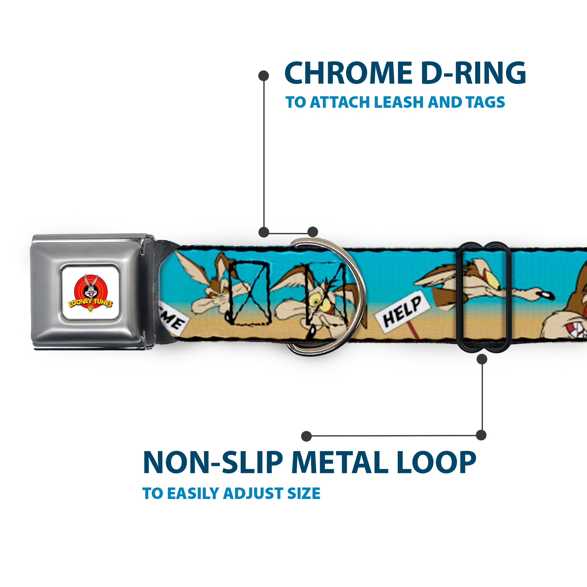 Buckle-Down Seatbelt Buckle Dog Collar - Wile E. Coyote Expressions/Signs Desert - 1.5' Wide - Fits 18-32' Neck - Large
