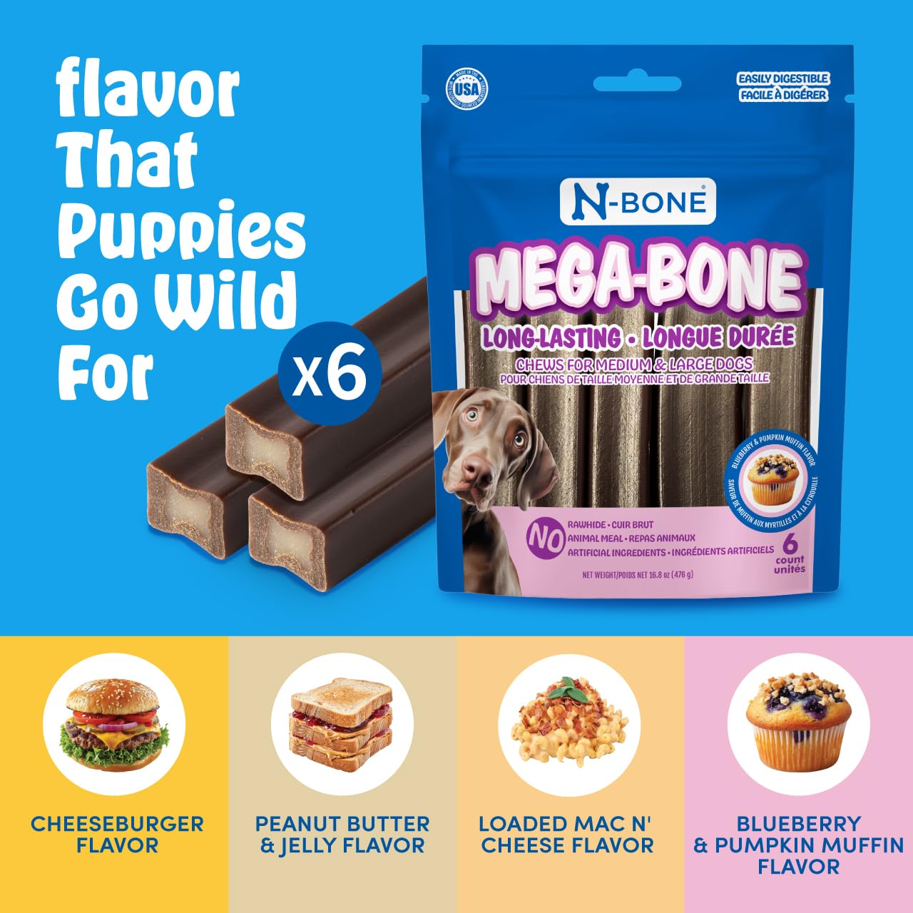 N-Bone Mega-Bone Long-Lasting Dog Chews, Blueberry Pumpkin Muffin, 6 Count, 16.8 oz