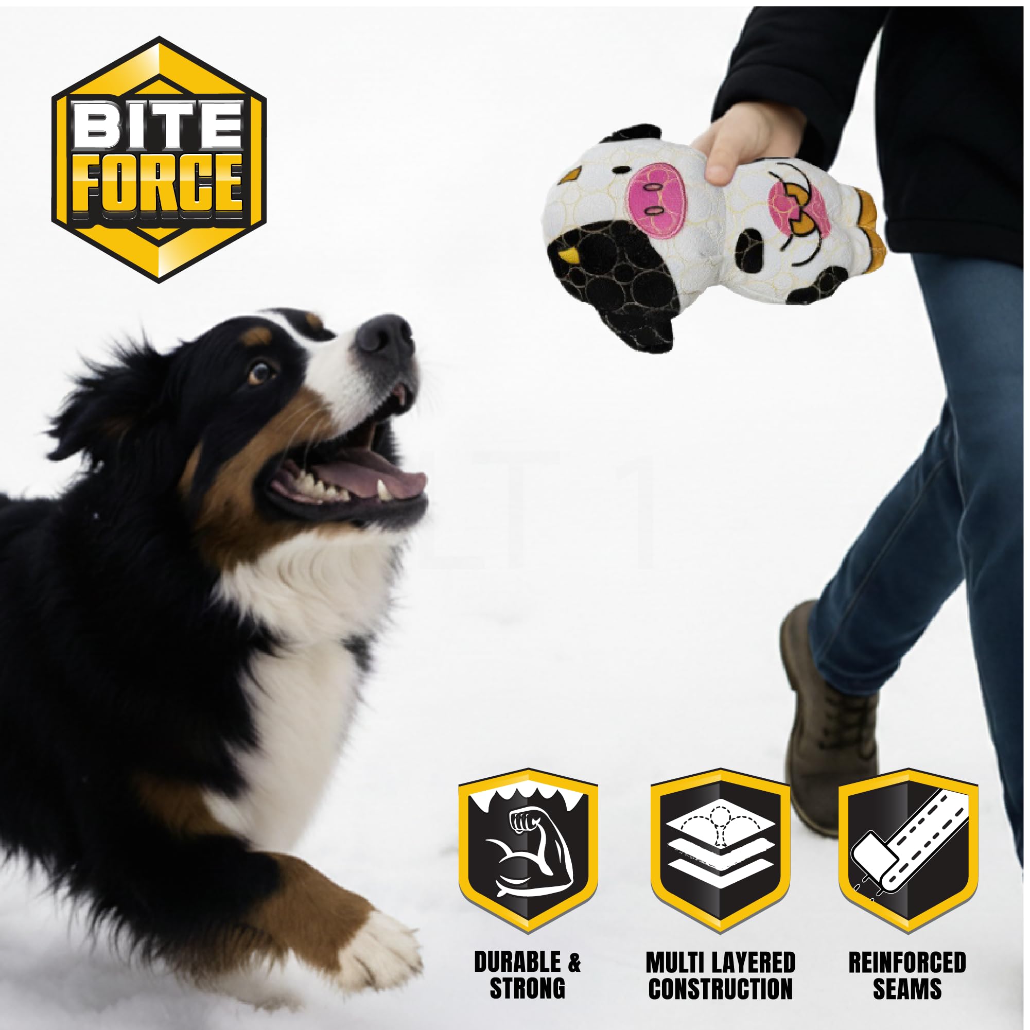 Bite Force -Durable & Strong Dog Toy Cow with Squeaker, Kevlar-Reinforced for Aggressive Chewers for Small Medium Large Dogs - W