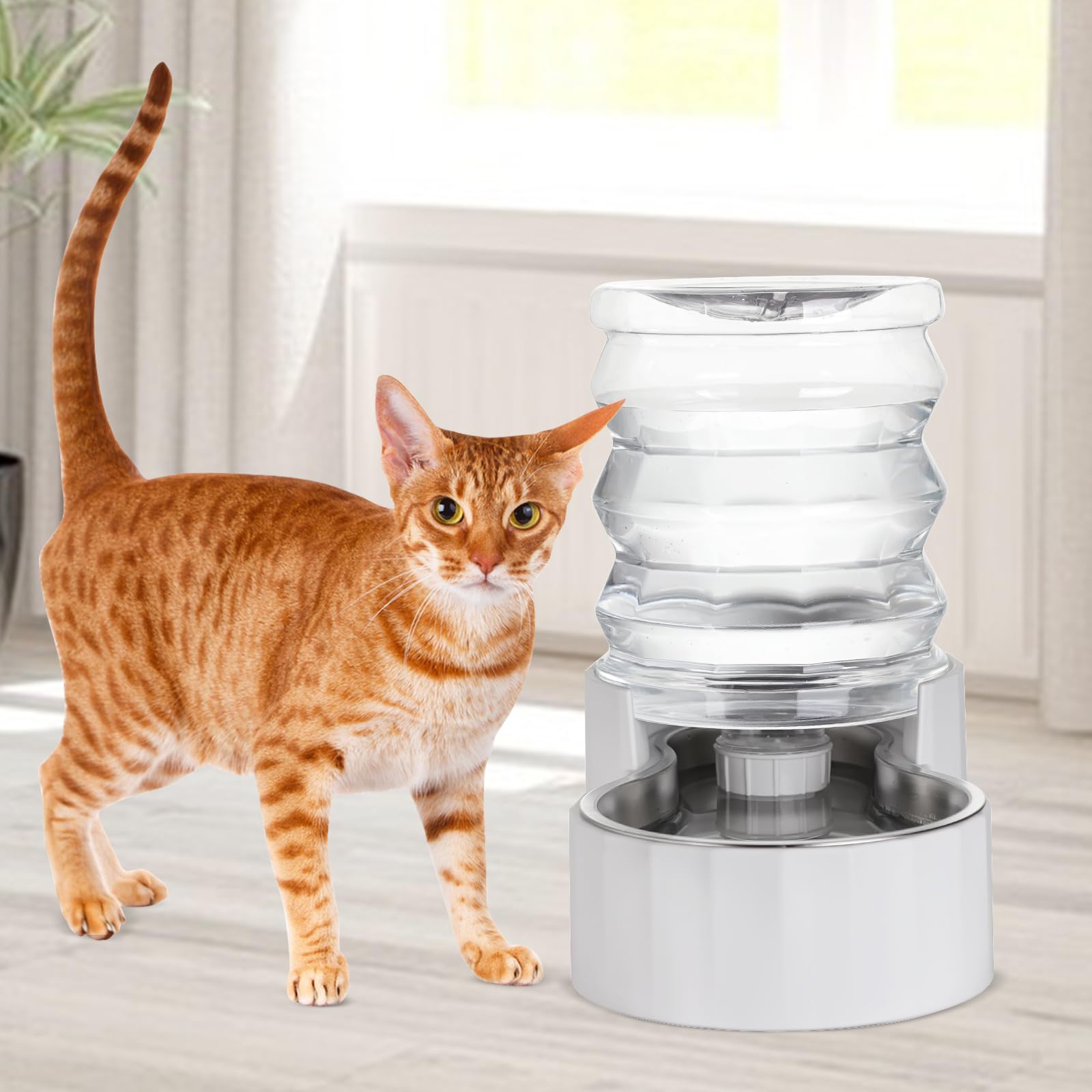 RIZZARI Gravity Water Bowl Dispenser: 4L Automatic Stainless Steel Water Feeder Without Filter - White Pet Waterer for Senior Do