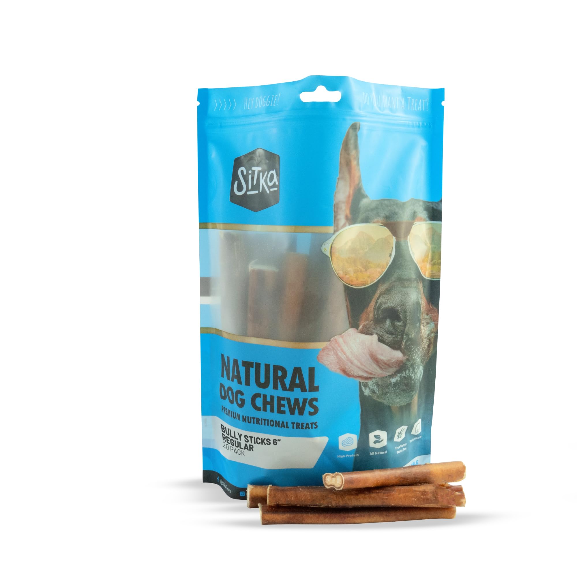 Sitka Farms Bully Sticks 6 inch - 20 Count - Bully Sticks All Natural Dog Treats from Free Range Grass-Fed Beef, Grain & Rawhide