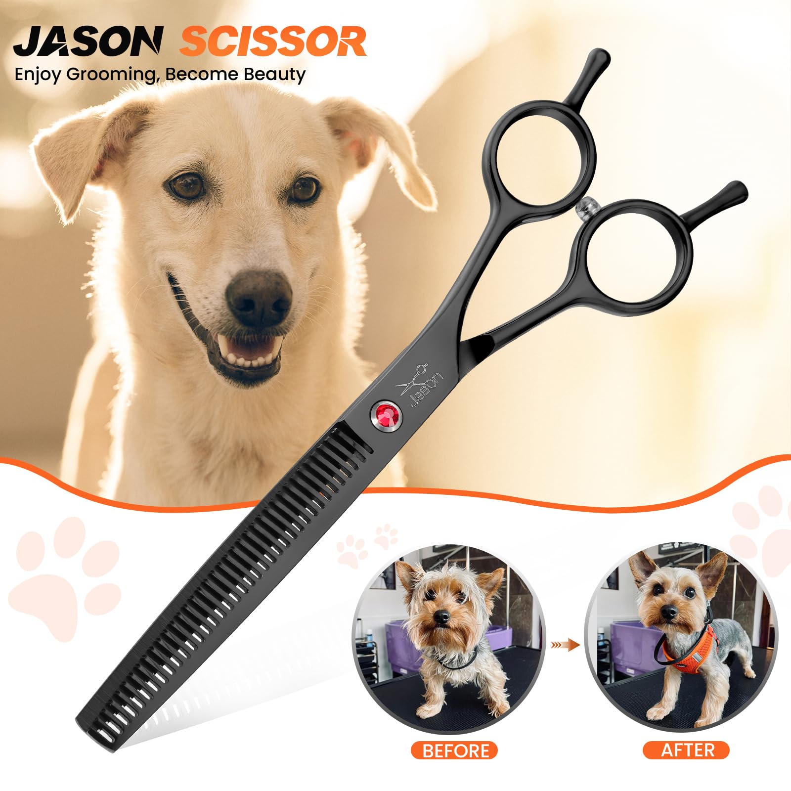 JASON 7.5'' Dog Grooming Scissor - Professional Thinning Shear with 37 Teeth Japanese Stainless Steel Blender Scissors for Dogs,