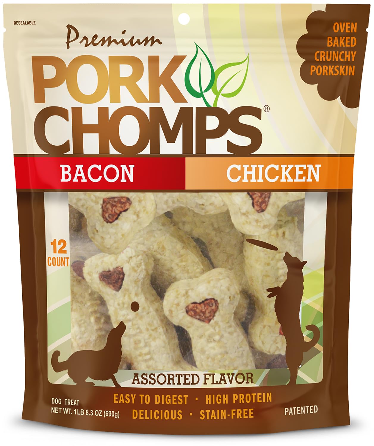Pork Chomps Dog Chews, 4-inch Crunchy Bones, Bacon and Chicken Flavor, 12 Count