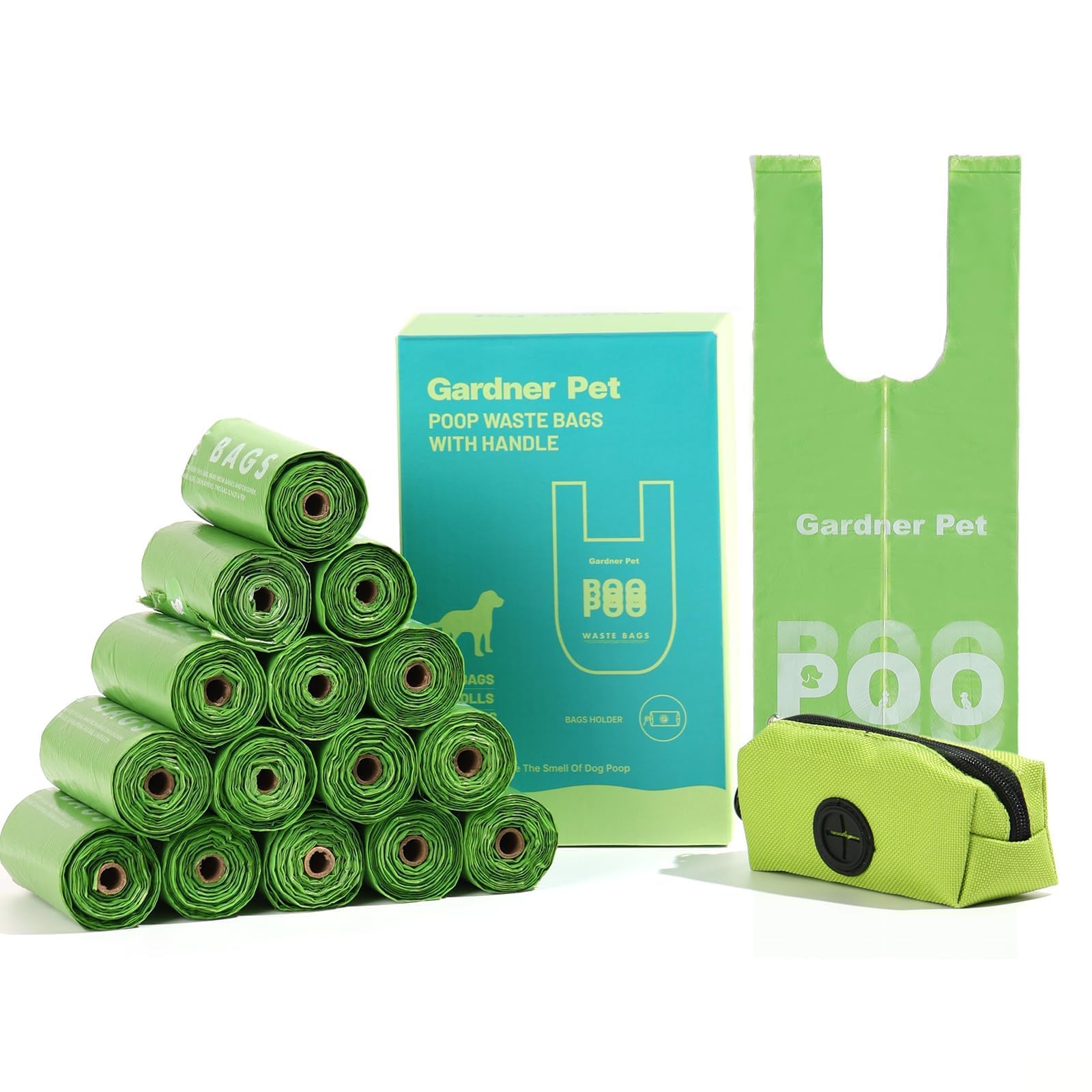 Dog Poop Bags With Handles 15 Rolls, 180 Counts Pine Scented Dog Waste Bags With Dispenser, Leak Proof And Extra Thick, Easy-Tie