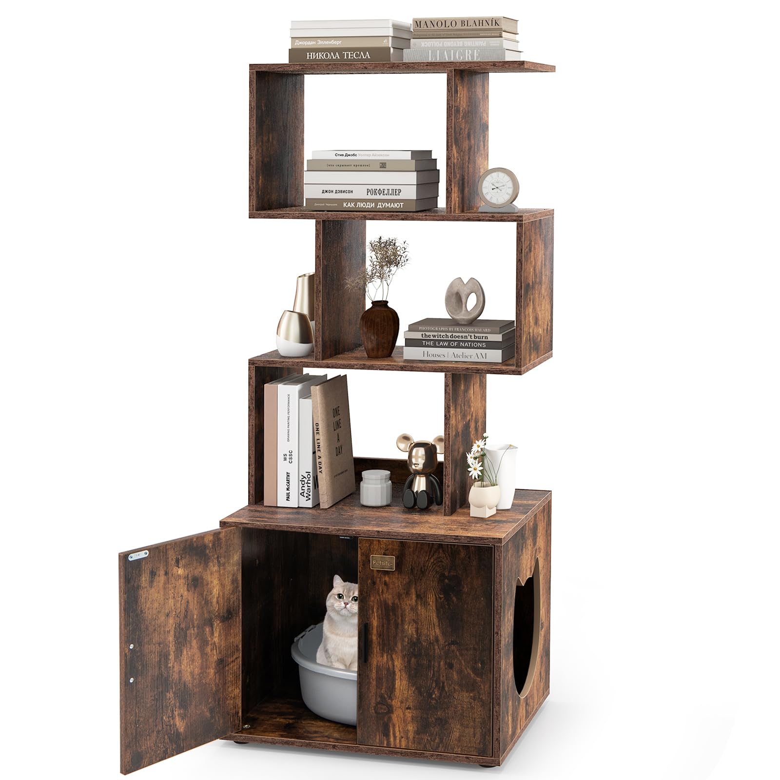 Petsite Cat Litter Box Furniture With 3 Shelves And Doors, 56 Inch Tall Cat Box Enclosure With Display Shelves And Side Entry, I