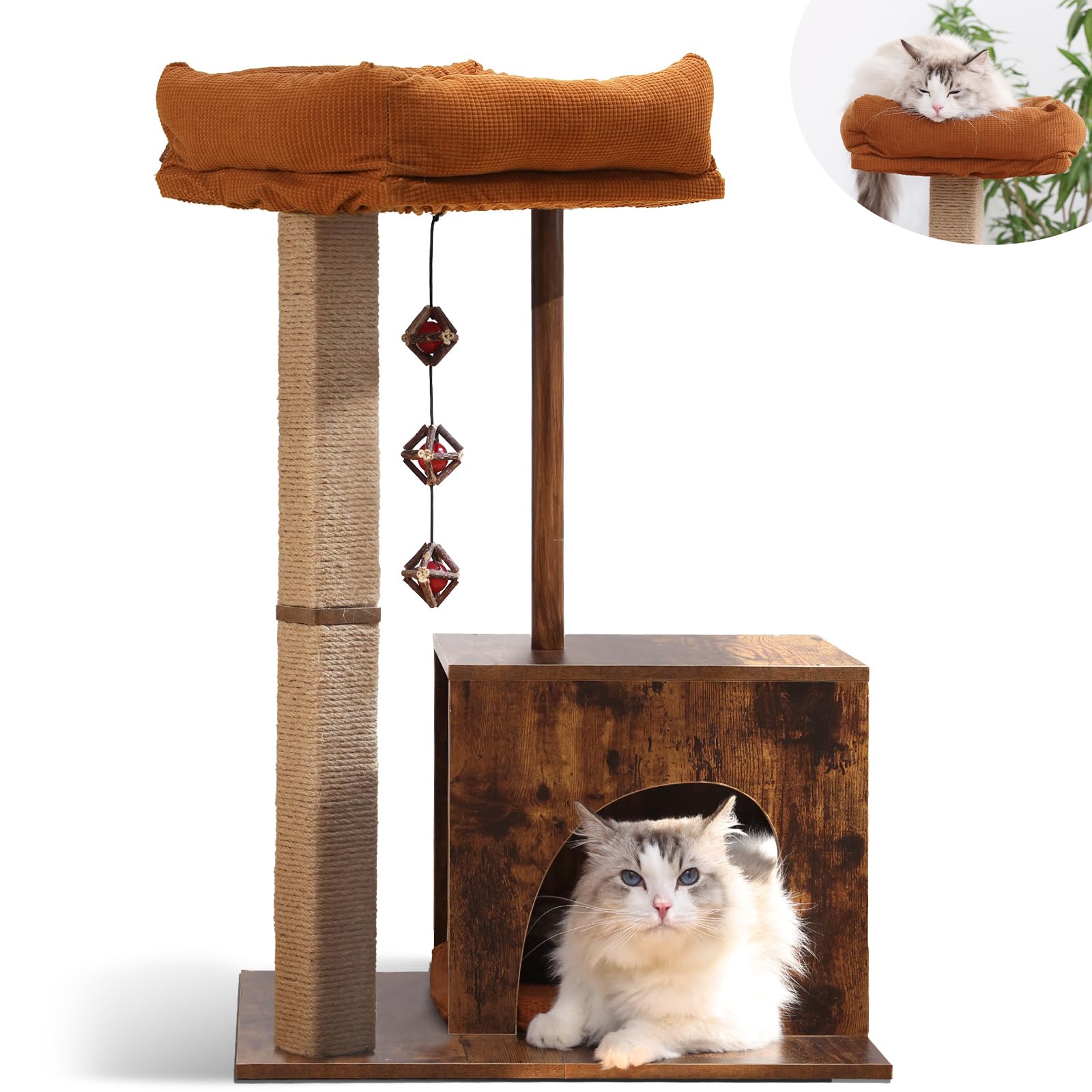 Fukumaru Cat Scratching Post, Modern Style Cat Tree With Unique Square Post, Wooden Cat Tower With Silvervine Balls, Retro Cat C