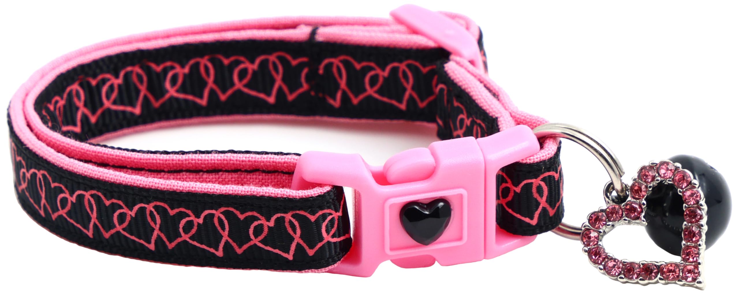 Valentines Day Cat Collar With Bell | Safety Breakaway Collar | Adjustable Large Size Or Kitten Collar (Linked Hearts On Black, 