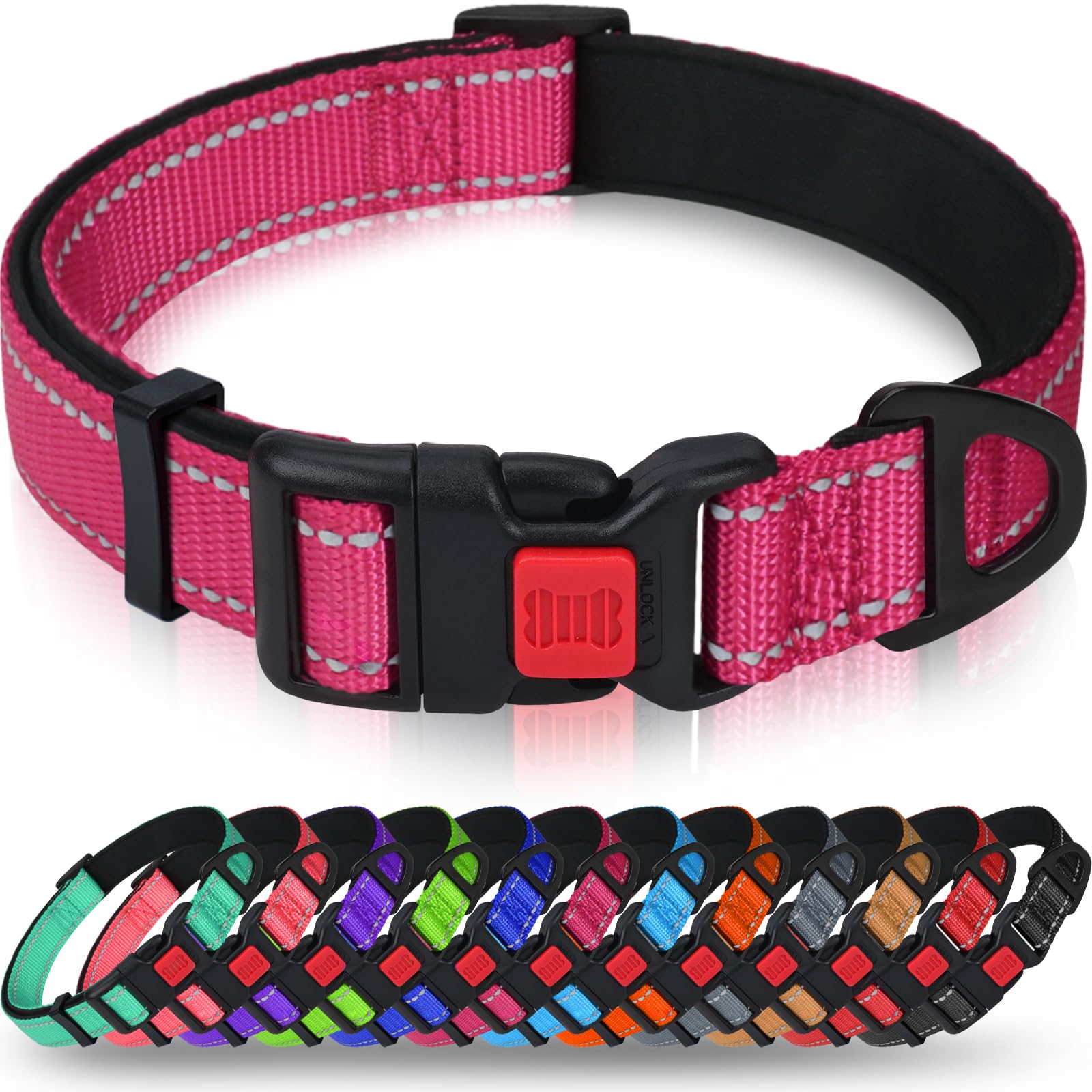Taglory Reflective Dog Collar With Safety Locking Buckle, Adjustable Nylon Pet Collars For Large Dogs Female Male, Hot Pink, L
