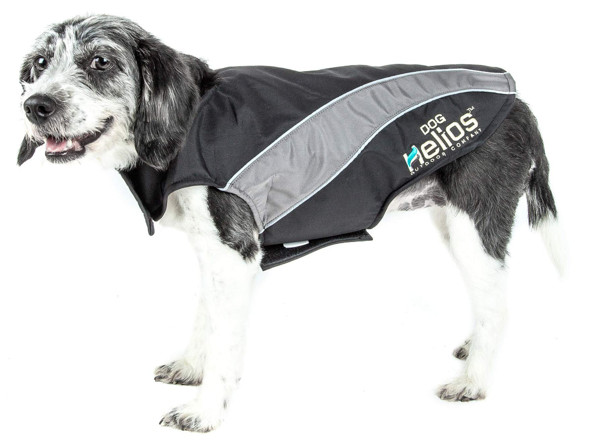 DOGHELIOS 'High Octane' Softshell Neoprene Polar Fleece Reflective Performance Pet Dog Coat Jacket w/ Blackshark technology, X-Large, Black, Grey