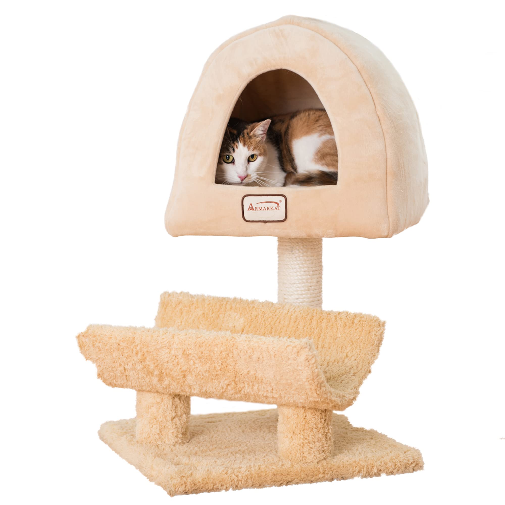 Armarkat X3007 Cat Condo, Real Wood Cat Scratching Post with Plush Condo, Cuddle