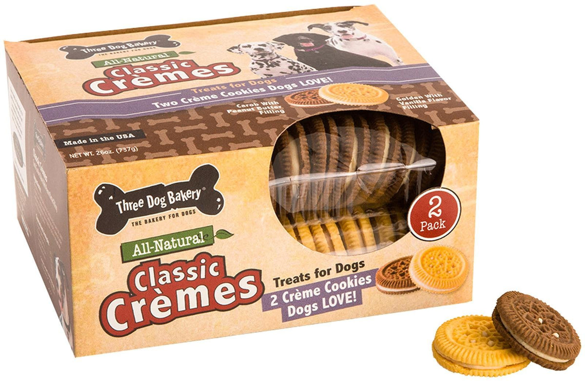 Three Dog Bakery Classic Cremes Baked Dog Treats, Carob With Peanut Butter & Golden With Vanilla, 26 Oz