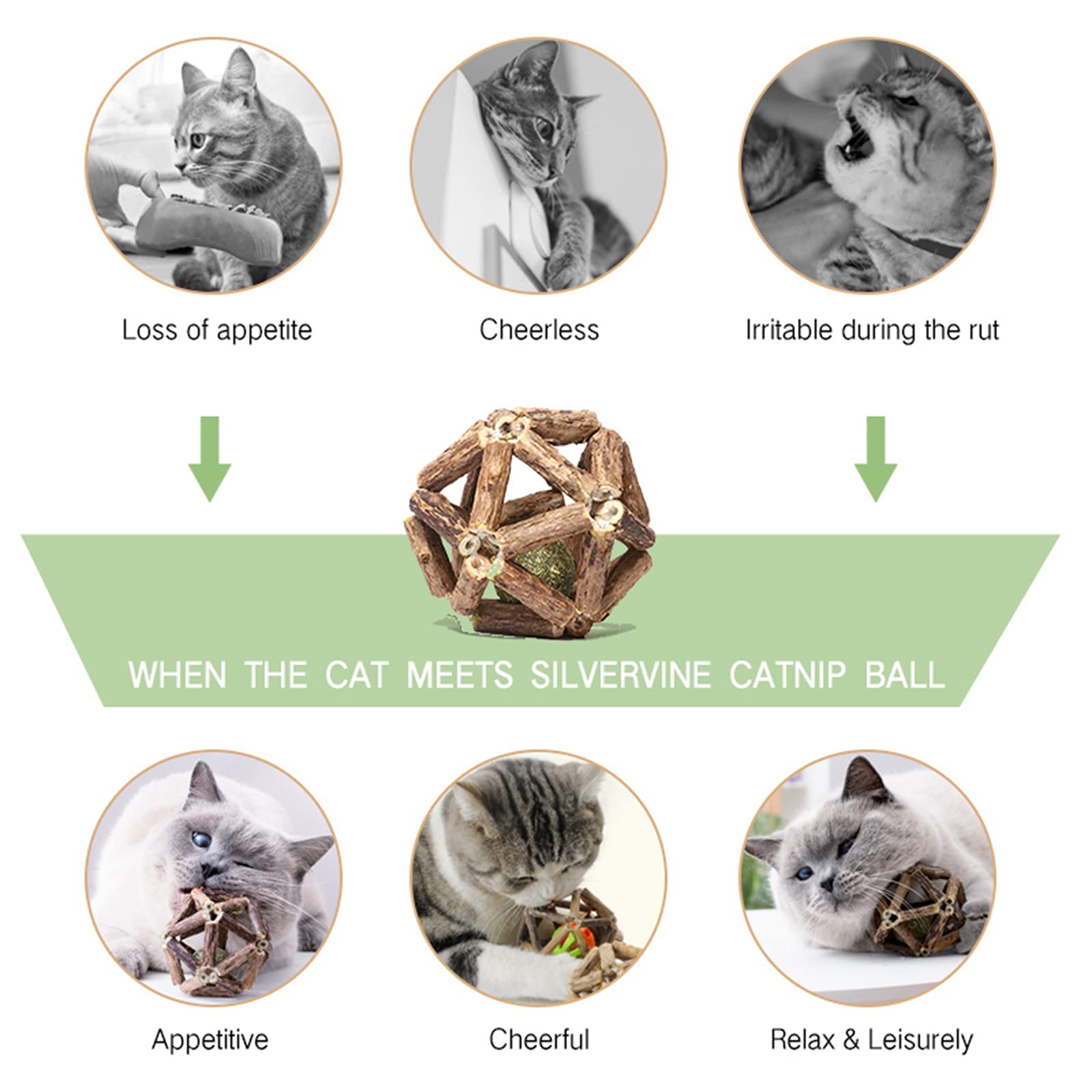 Gochanmon Catnip Toys-2Pcs Natural Silvervine Stick Catnip Ball&Bell Ball-Cat Toys For Indoor Cats- Cleaning Teeth Molar Tools M