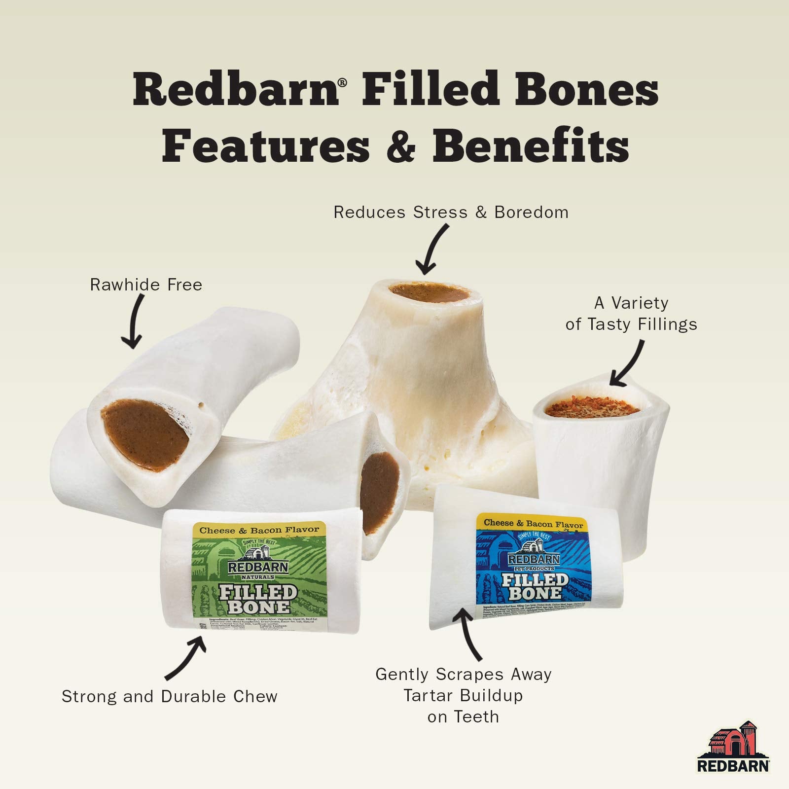Redbarn Filled Dog Bones  Natural Long-Lasting Dental Treats; Suitable for Aggressive Chewers  Large (6) - 2 Bones (Peanut Butte