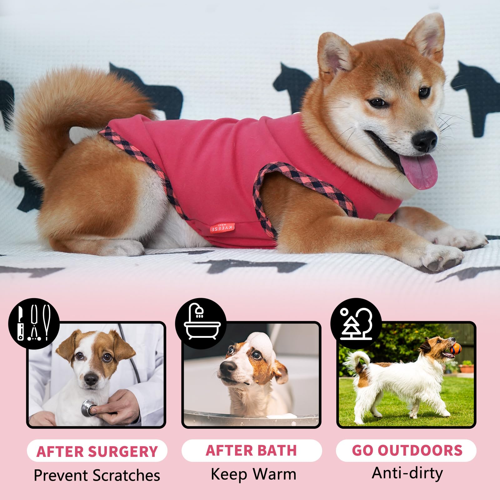 Kyeese Dog Shirt (2Pack Grey+Pink, Large) - Stretchy Velvet Pullover Vest, Lightweight Fleece, Sleeveless, Plaid Binding, Button