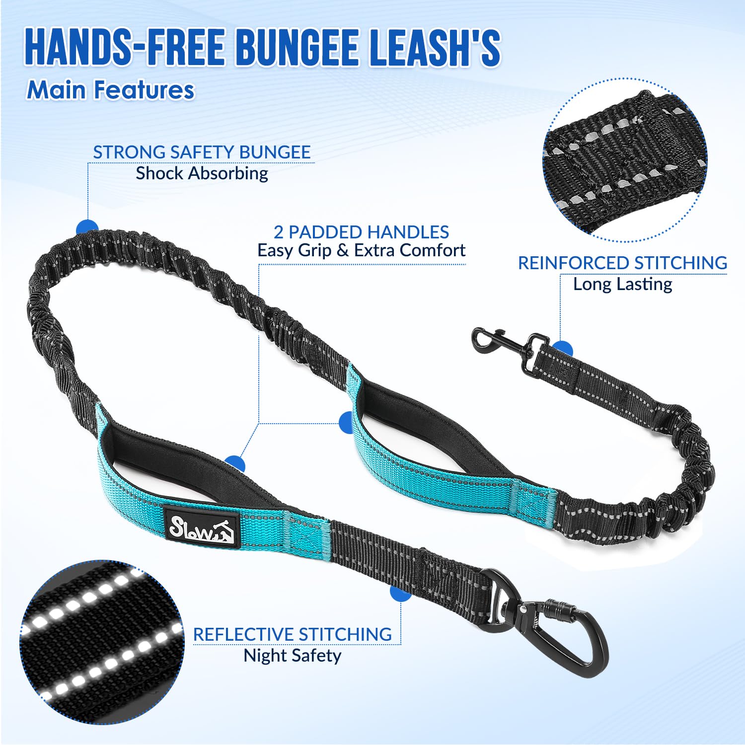 Slowton Hands Free Dog Leash - With Removable Zipper Pouch, Shock Absorbing Bungee, Dual Handle & Reflective Stitches, Wide Padd