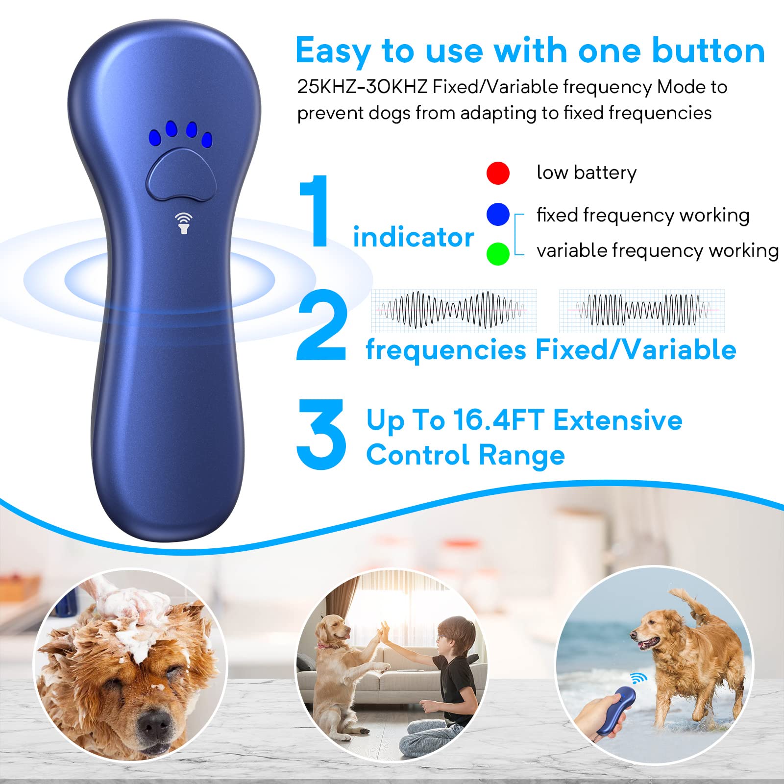 Ahwhg New Anti Barking Device,Dog Barking Control Devices,Rechargeable Ultrasonic Dog Bark Deterrent Up To 16.4 Ft Effective Control Range Safe For Human & Dogs Portable Indoor & Outdoor(Blue)