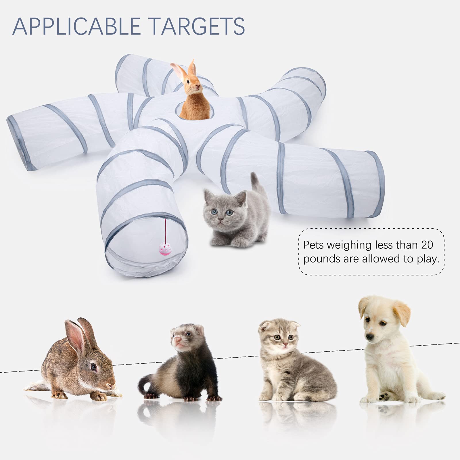 Egetota Cat Tunnel For Indoor Cats Large, With Play Ball S-Shape 5 Way Collapsible Interactive Peek Hole Pet Tube Toys, Puppy, Kitty, Kitten, Rabbit (White & Grey)