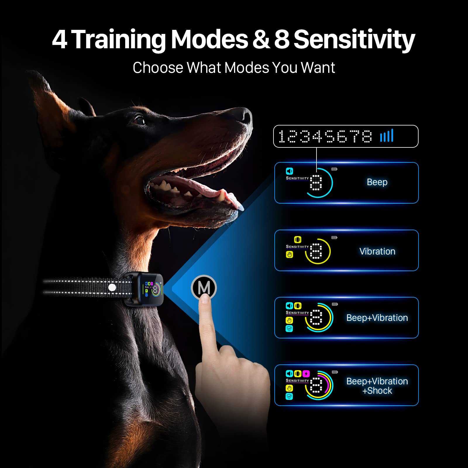 DINJOO Dog Bark Collar - Rechargeable Smart Anti-Barking Training Collar for Large, Medium & Small Dogs with 8 Sensitivity Levels - Black