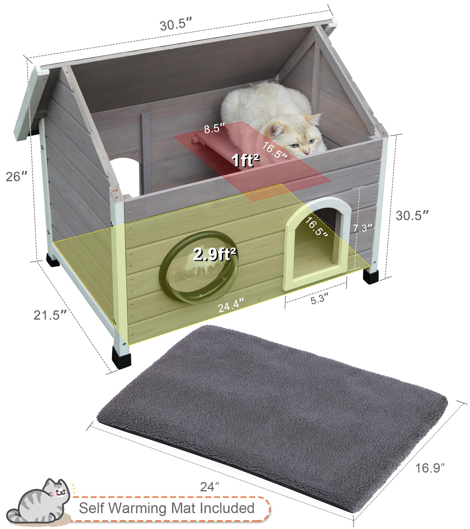 Rockever Outdoor Cat House, Feral Cat House Outdoor Weatherproof With Escape Door And Clear Windows For 2 Cats(With Self Warming