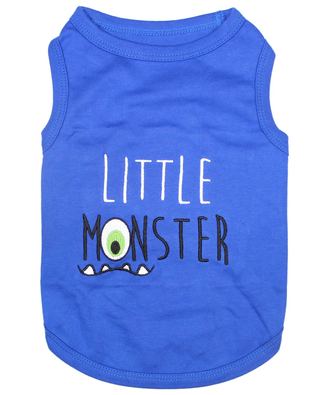 Parisian Pet Dog Tshirt - Embroidered “ Little Monster “ Boy Dog Shirt - Pure Cotton And Lightweight Dog Clothes - Sleeveless Blue Dog Tee Shirts - Machine Washable Dog Shirts For Medium Dogs - M