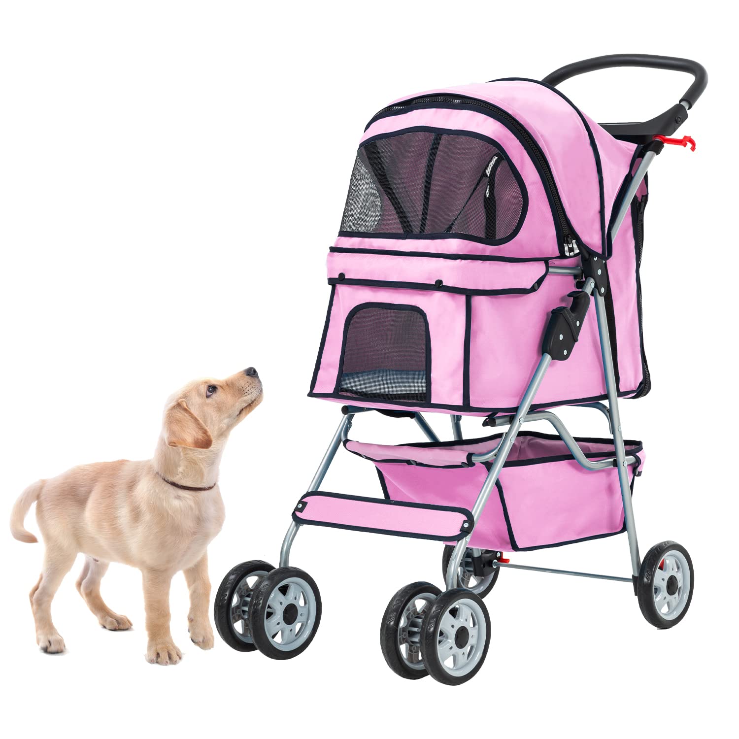 Dog Stroller,Travel Folding Pet Stroller for Small Medium Dog Cat Jogger Stroller with Storage Basket Removable Cup Holders (Pin