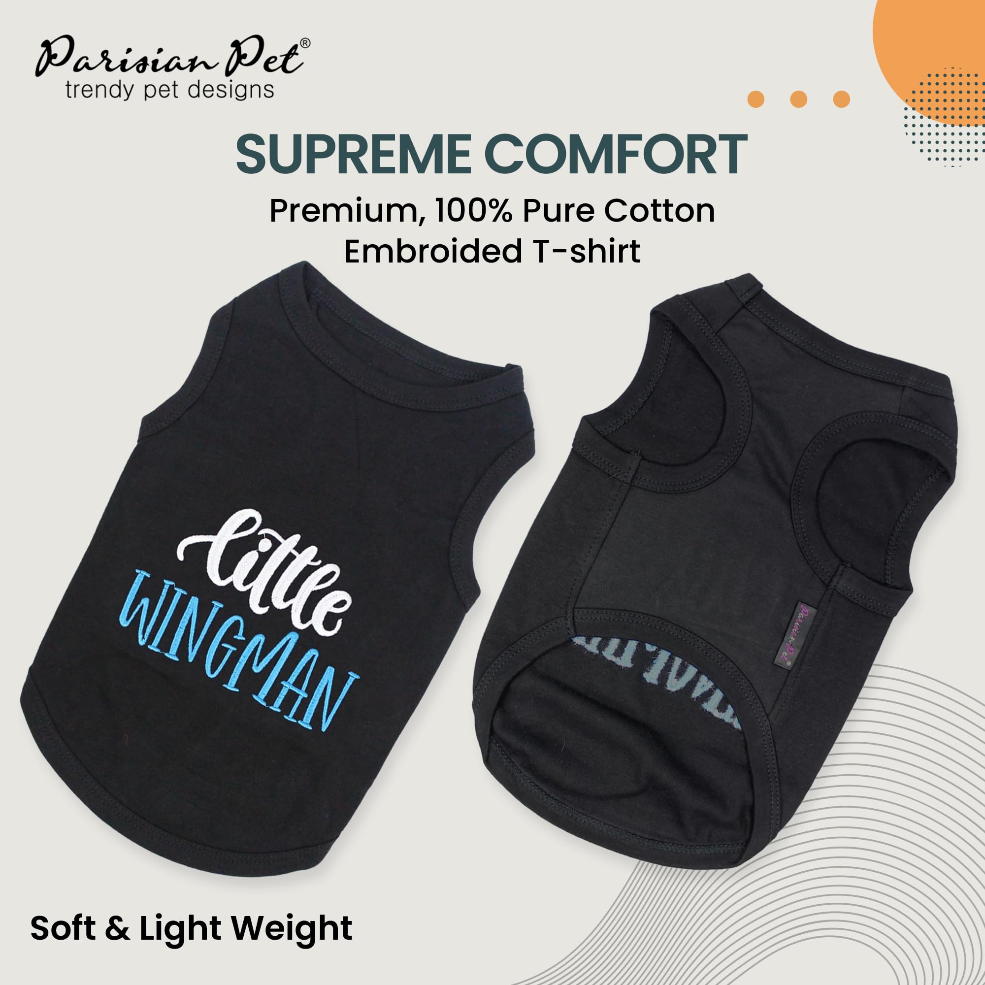 Parisian Pet Embroidered 'Little Wingman' Sleeveless Black Cotton Dog Tee - Machine Washable For Large Dogs