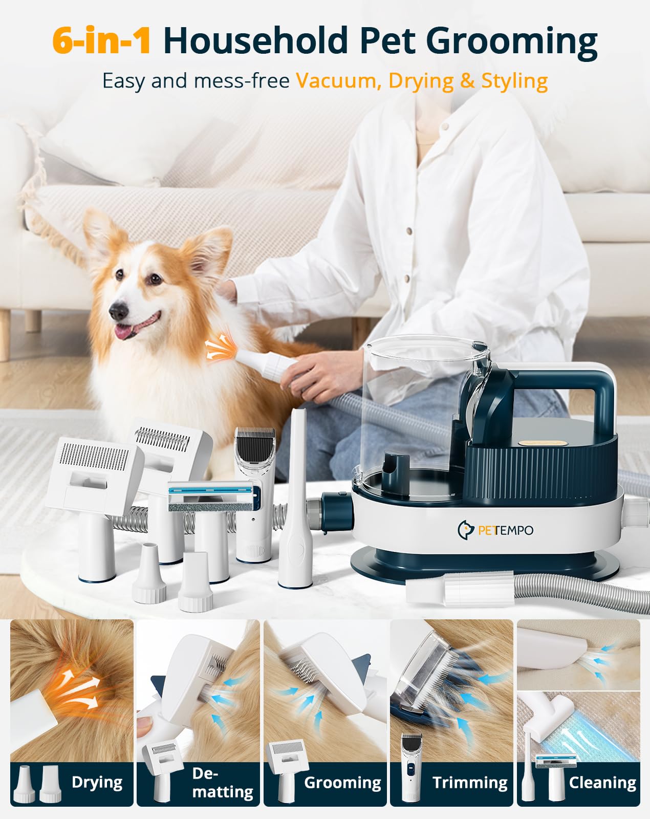 Petempo Dog Grooming Vacuum & Blow Dryer, 2.5L Dog Vacuum For Shedding Grooming With 3 Temperature Settings, 10-In-1 Pet Vacuum