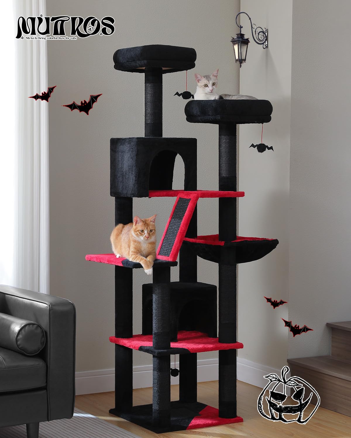 Muttros Gothic Cat Tree For Large Cats, 70.9'' Tall Black Cat Tower With Coffin Bed, Cat Condo, Sisal Scratching Posts & Top Per