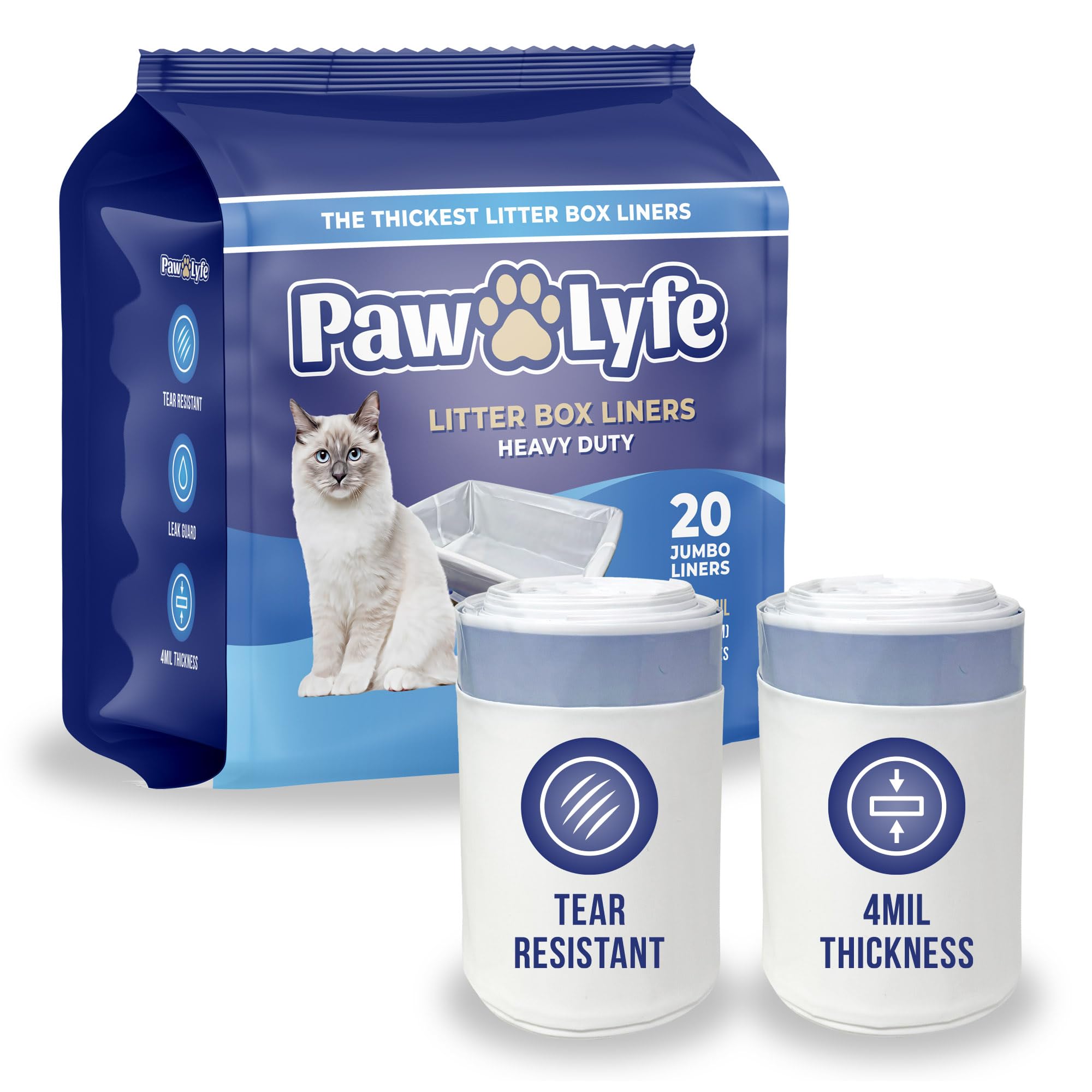 PawLyfe Jumbo Cat Litter Box Liners - 4MIL Extra Thick Heavy Duty Drawstring Kitty Litter Bags - Scratch and Tear-Resistant XL C