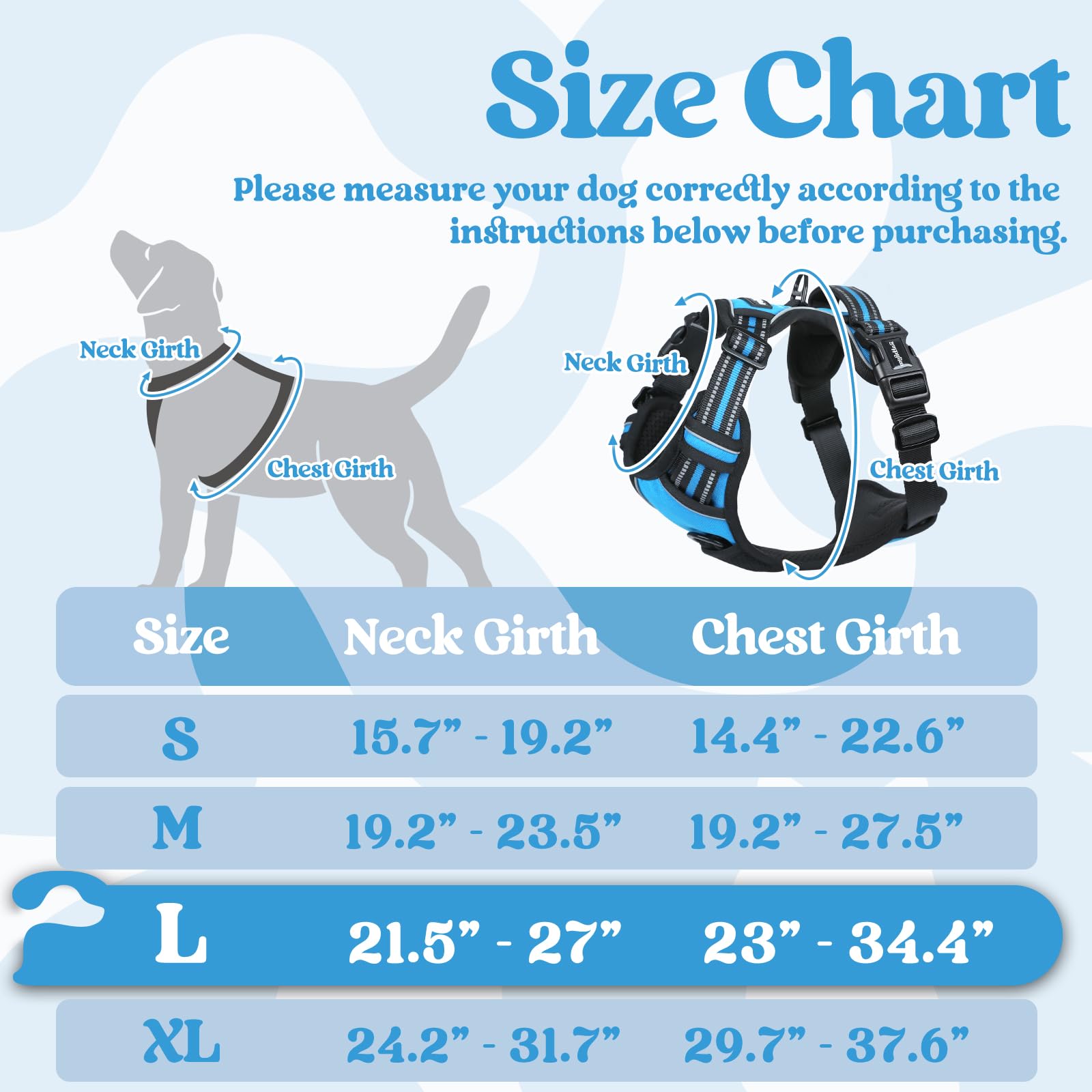 Rabbitgoo Dog Harness For Large, No Pull Pet Harness With 3 Buckles, Adjustable Soft Padded Pooch Vest With Instant Control Handle, Easy Walking Reflective Pet Vest For Large Dogs, Sky Blue, L