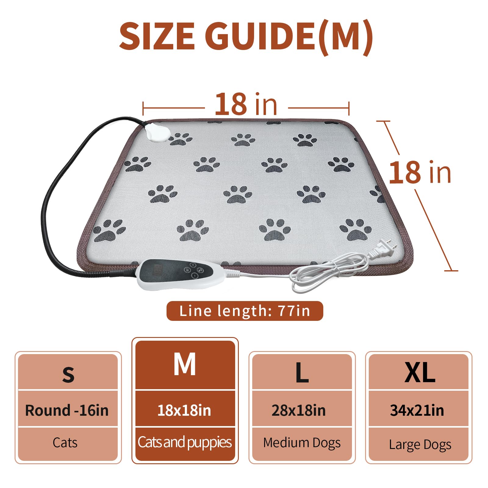 Golopet Cat Heating Pad 18X18 In Pet Heating Pad For Cats Waterproof Smart Thermostat Switch, Adjustable Heated Cat Bed, Adding Wire Rope Wires Cat Warming Pad-Paw Print