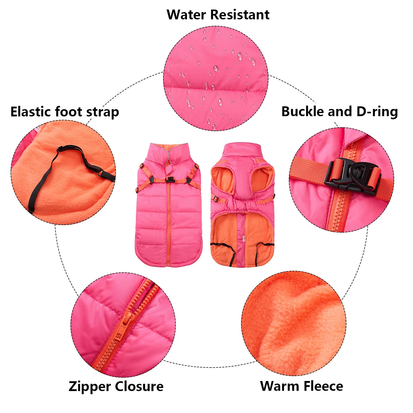 Geyecete Winter Warm Coat Waterproof Dog Winter Jacket with Harness Traction Belt,Windproof Pet Outdoor Jacket-Pink-XL