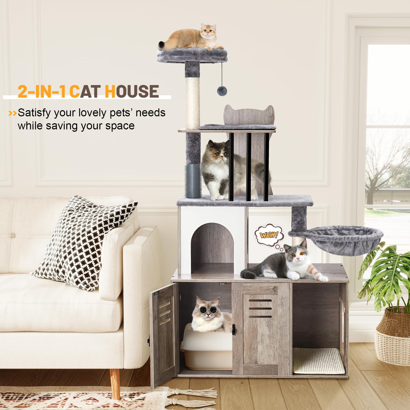 Snughome Cat Tree With Litter Box Enclosure Furniture, 2-In-1 Modern Cat Tower, 58.66 Wood Cat Condo With Scratching Post And Ha