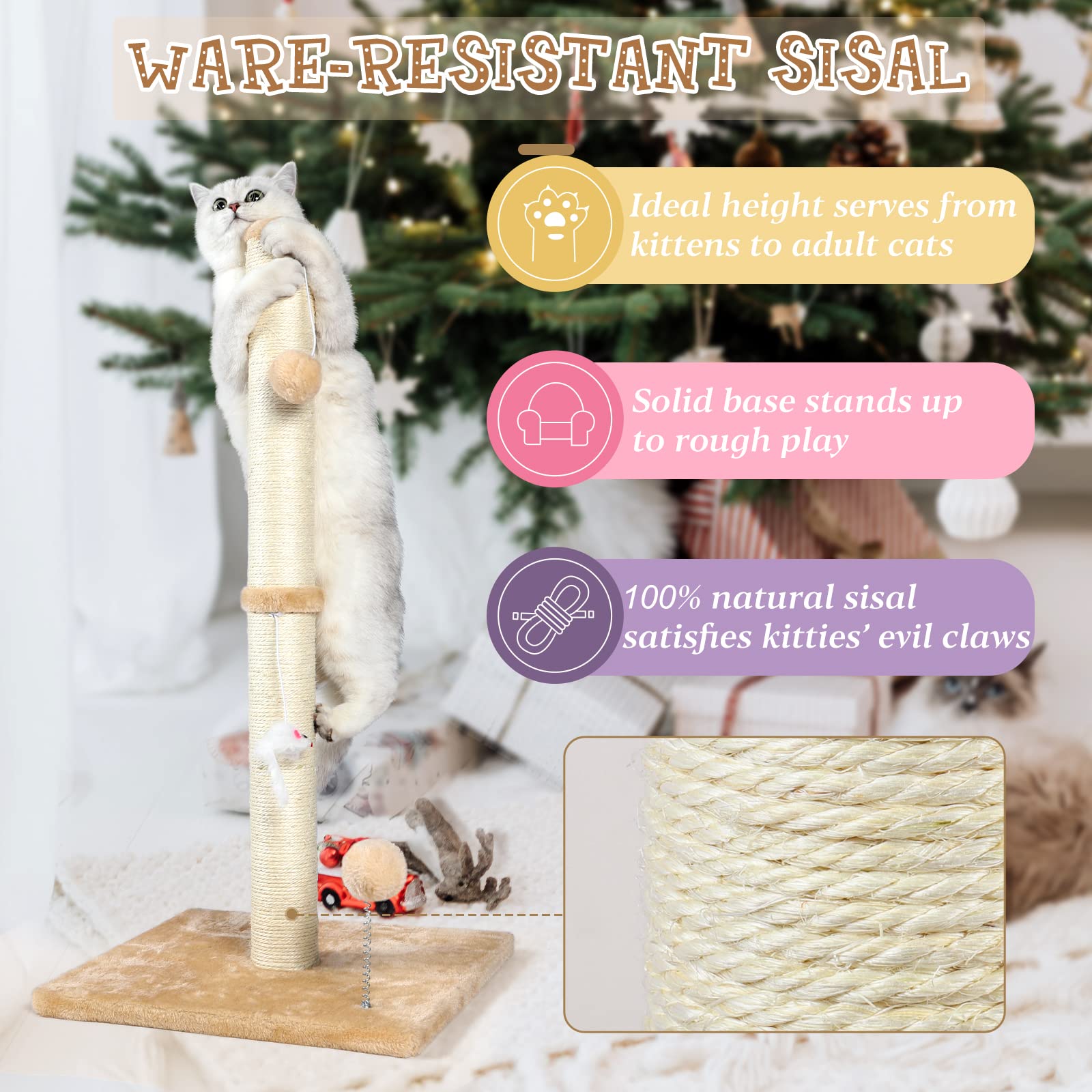 Anwa 32' Tall Cat Scratching Posts For Indoor Cats, 3-In-1 Cat Scratching Post With Plush Toys, Premium Sisal Post For Cats At All Ages With Reinforced Stable Base