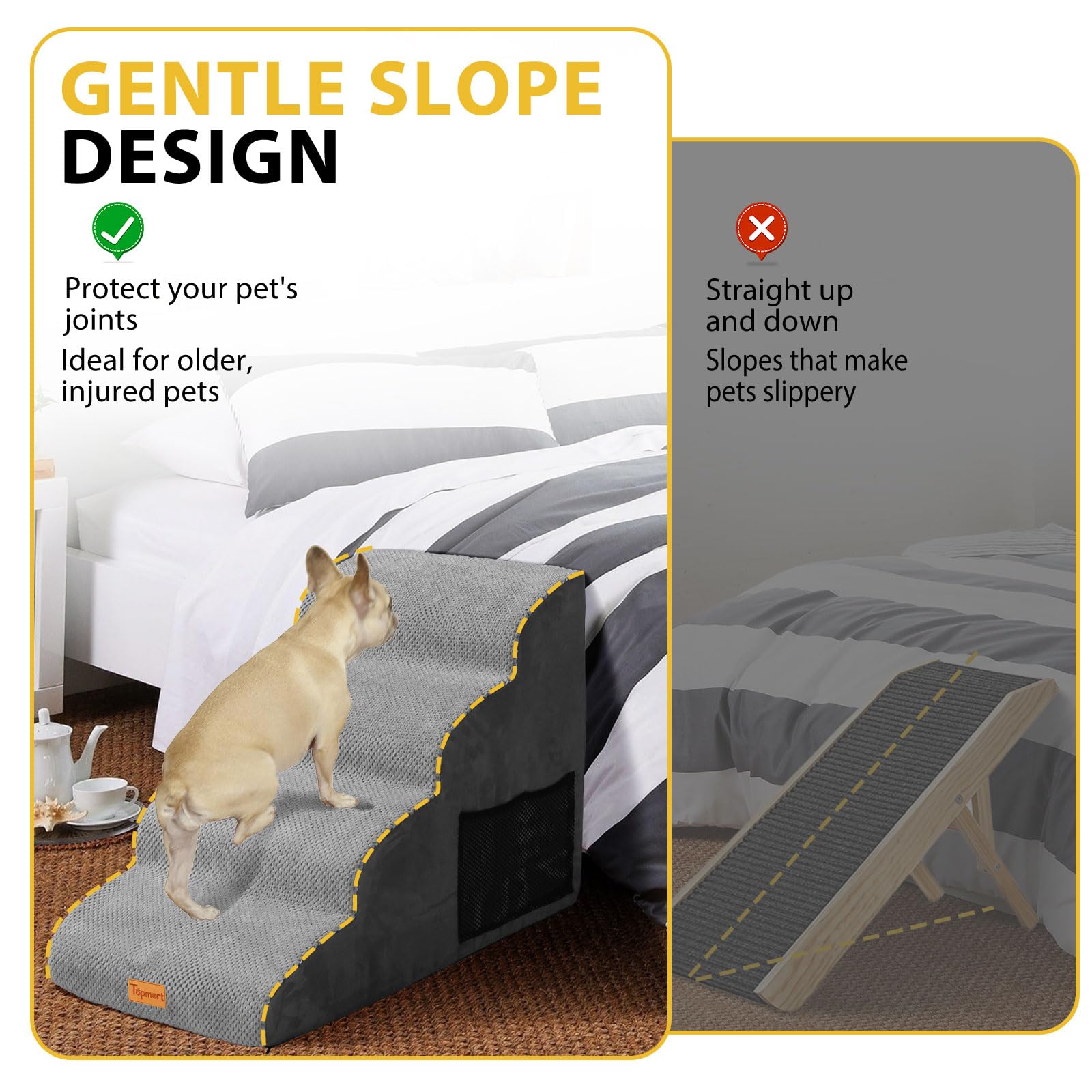 Dog Stairs For Small Dogs,4-Step,Foam Dog Steps&Ramps For Couch/High Beds With Waterproof &Removable Cover, Non-Slip, Grey