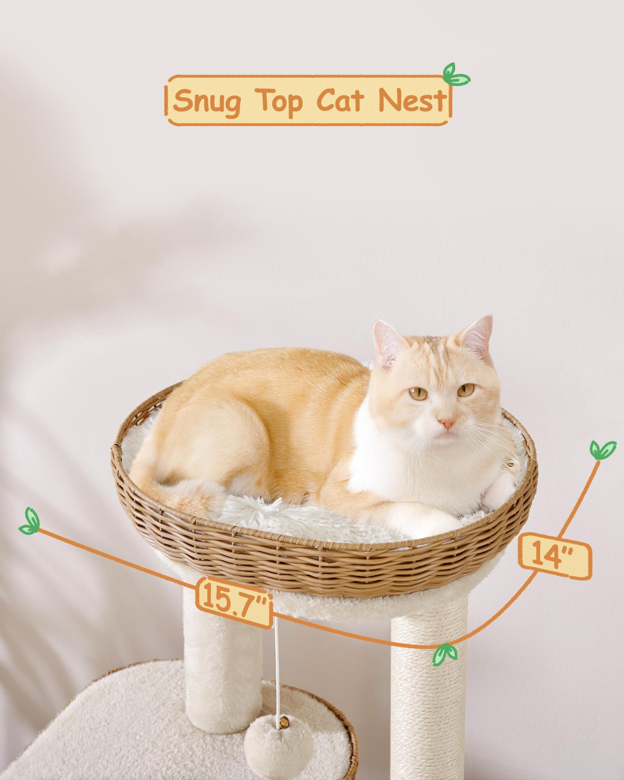 Yaheetech 36in PE Rattan Cat Tree with Big Perch, Breathable Woven Condo, Extra Long Sisal Scratching Post, Washable Cushion, Na
