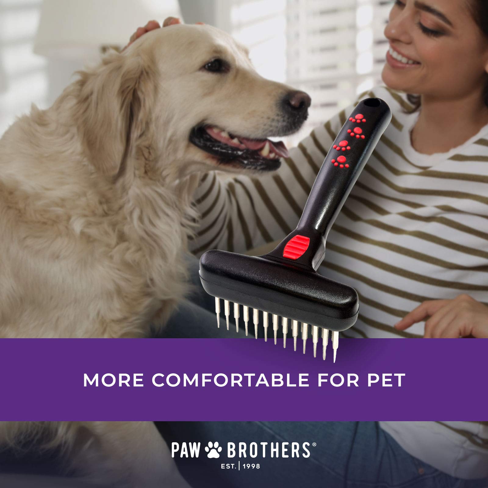 Ryan'S Pet Supplies Paw Brothers Magic Spring Undercoat Rake For Dogs, Professional Grade, Spriing Loaded Pins, Comfort Grip, 6.8 In