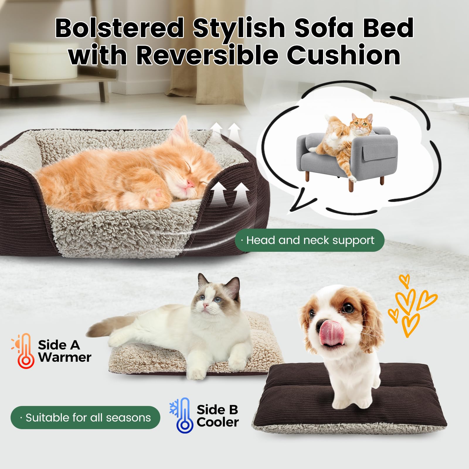 Miguel Dog Bed with Removable Cushion, Brown Corduroy, Medium 25" x 21" x 8", Anti-Slip, Rectangle Bolster Pet Sofa for Dogs & Cats
