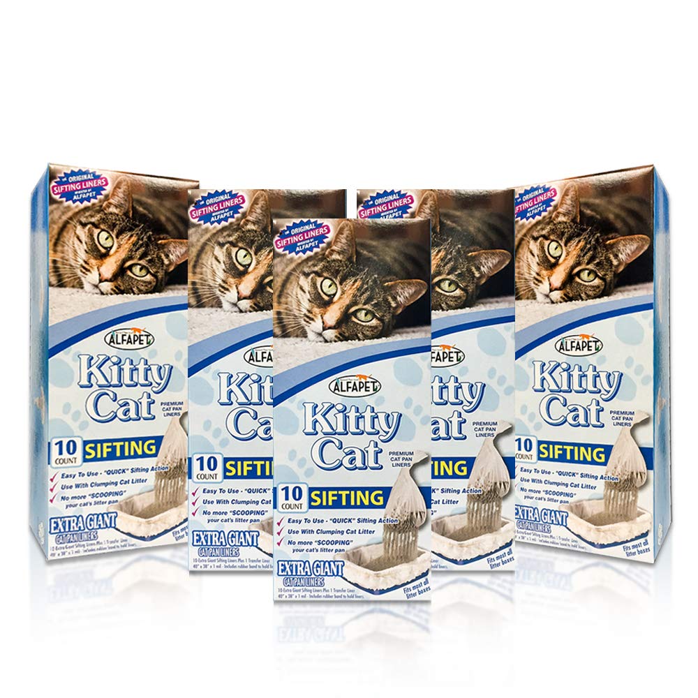 Alfapet Kitty Cat Pan Disposable, Sifting Liners- 10-Pack + 1 Transfer Liner-For Large, X-Large, Giant, Extra-Giant Size Litter Boxes-Included Rubber Band For Firm, Easy Fit - Pack Of 5