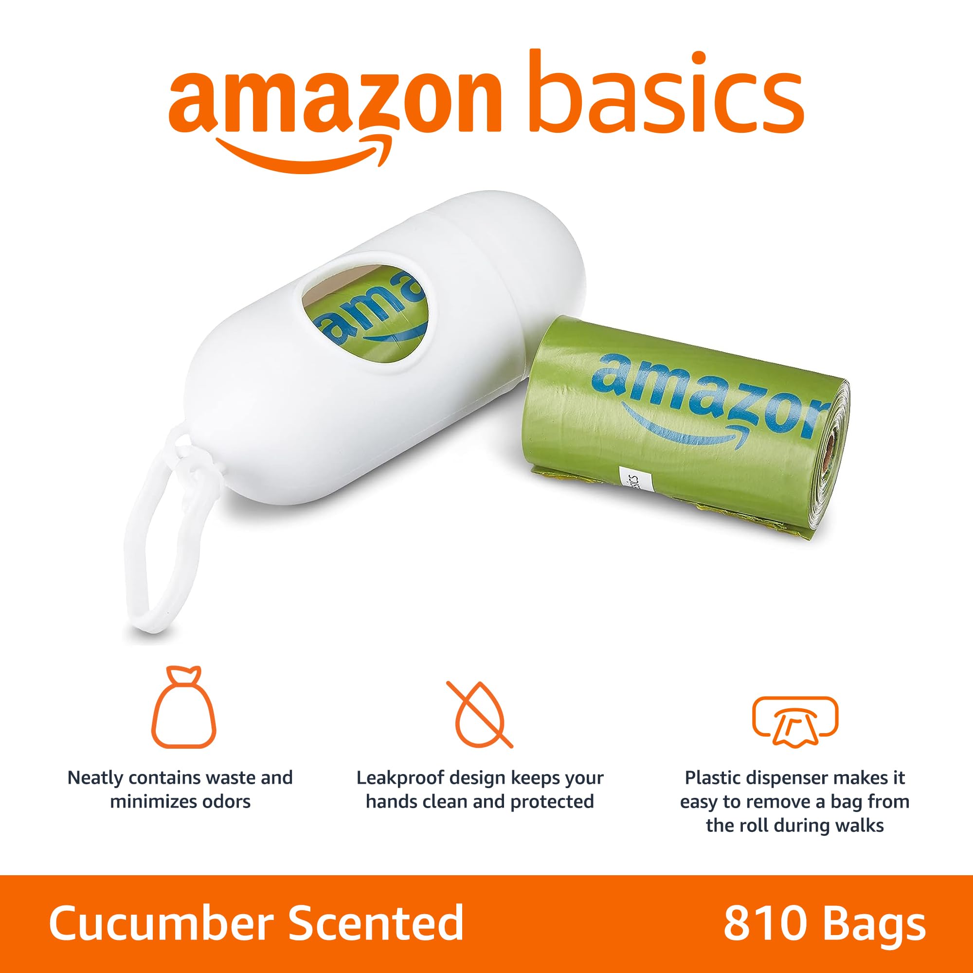 Amazon Basics Dog Poop Bags With Dispenser, 810 Count, Enhanced For Guaranteed Leakproof, Cucumber Scented, Includes Leash Clip