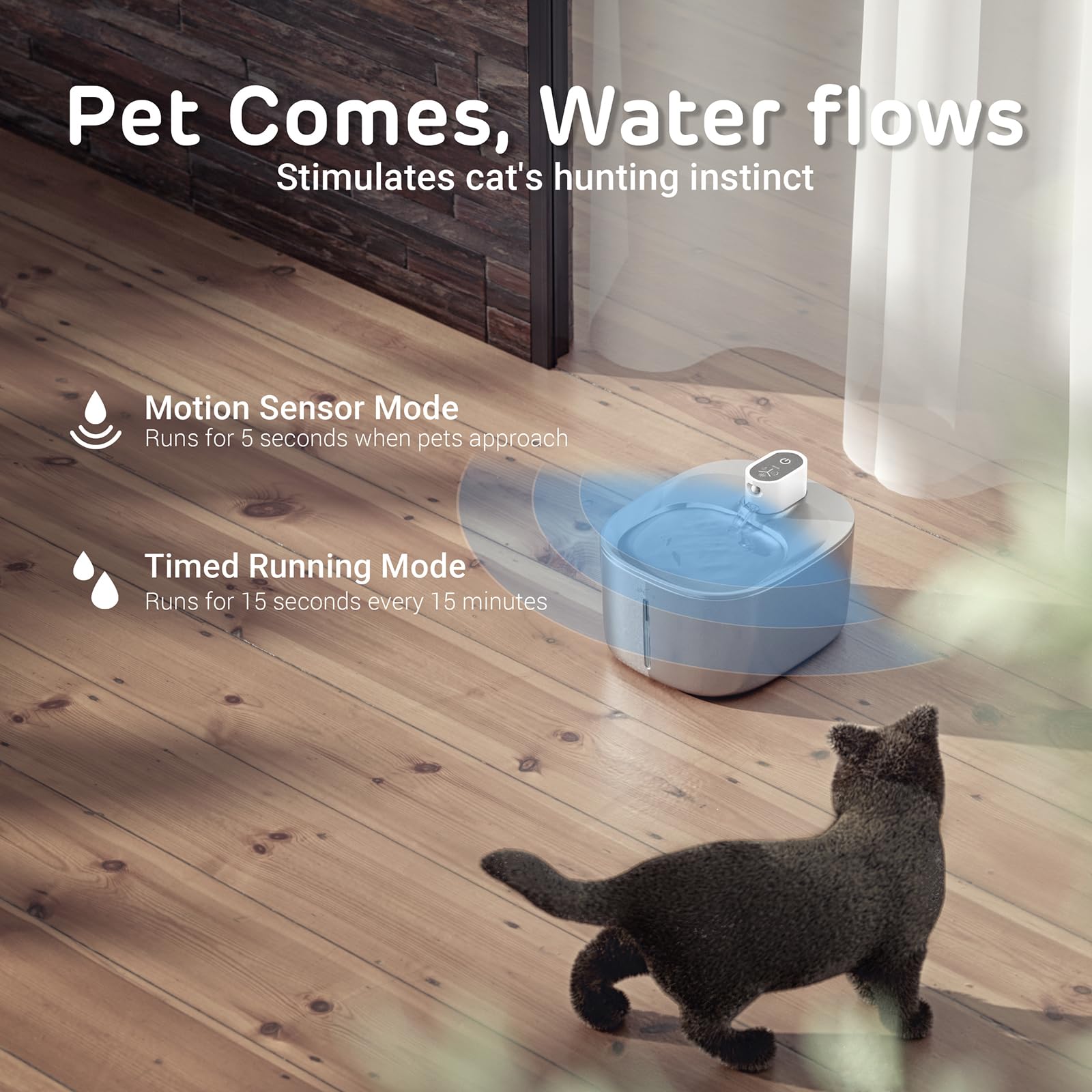 Runway Wireless Pump Cat Water Fountain With 4 Filters - Waterproof Self-Contained Battery, Stainless Steel, 1.1 Gal/135Oz, Moti
