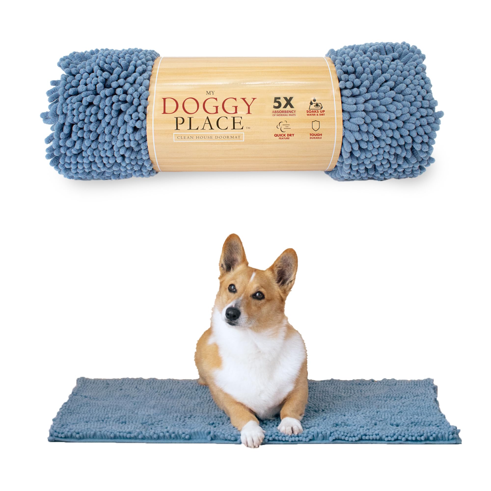 My Doggy Place Medium Faded Denim Microfiber Dog Mat, 31'' X 20'', Absorbent And Quick-Drying, Non-Slip Rubber Backed, Machine W